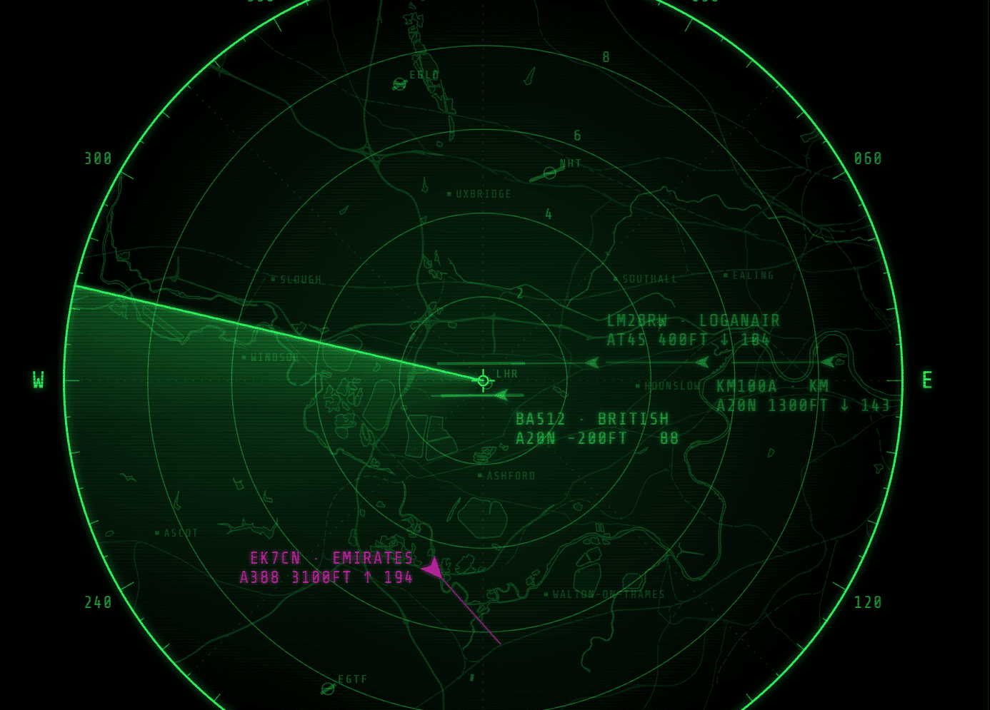 Air Radar screenshot showing a green radar sweep with labelled aircraft contacts
