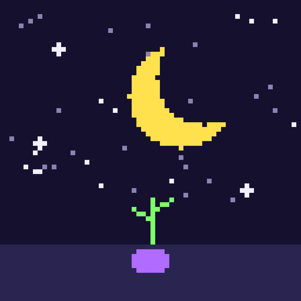 Pixel art of a crescent moon and stars above a seed sprouting from the ground